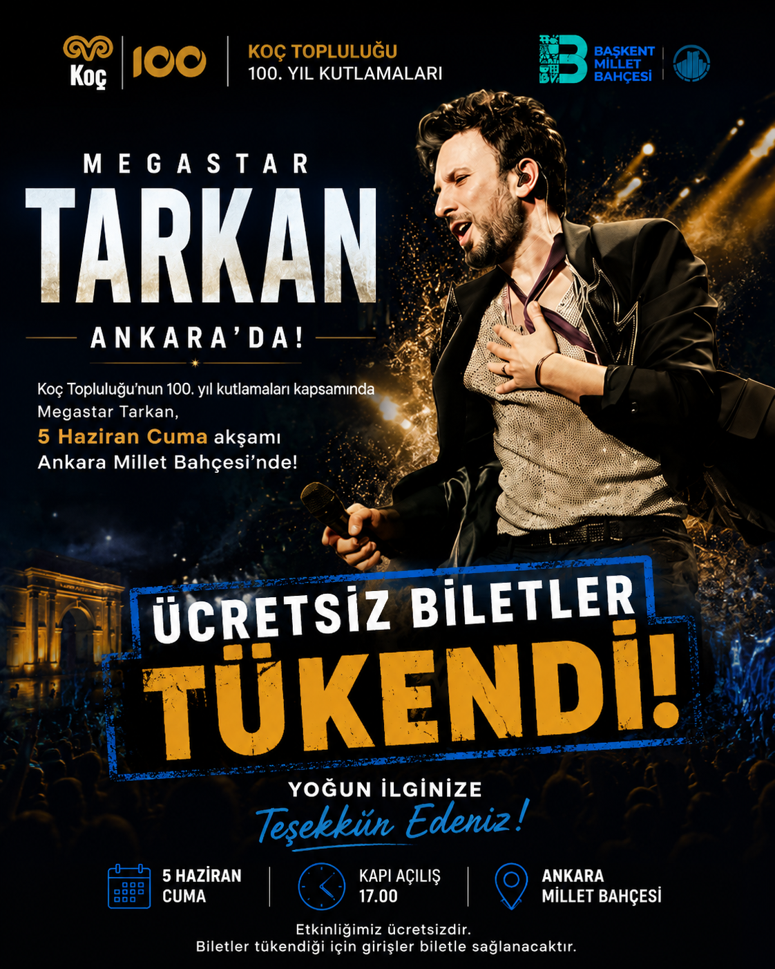 Tarkan Ankara'daki Konserin Ücretsiz Biletleri Tükendi